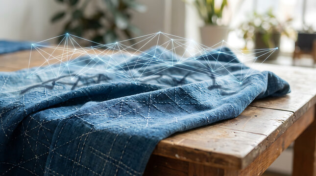Blue denim fabric on wooden table.