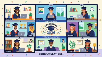 Fototapeta premium A modern flat design illustration conceptualizing a virtual online graduation ceremony, showing diverse students celebrating remotely.