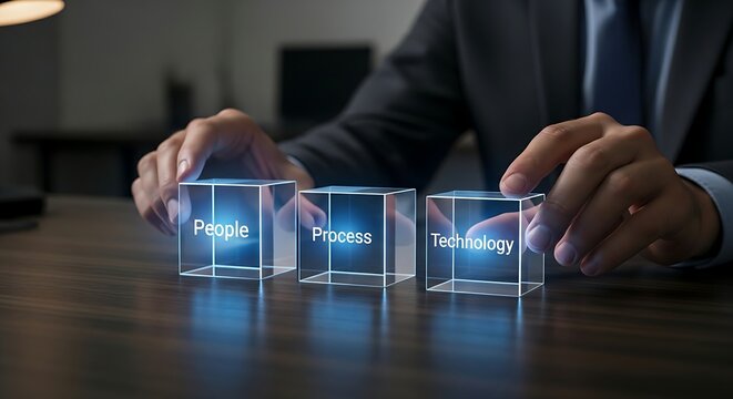Business fundamentals concept. On a dark office desk, a manager's hands arrange three simple holographic blocks with the words 'People, Process, Technology'.