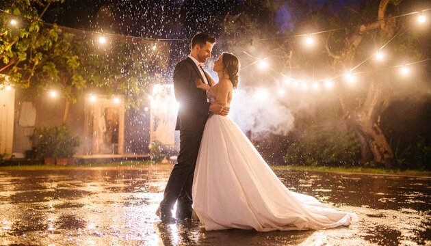 Couple dancing under festive lights