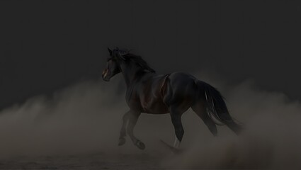 Fototapeta premium Black horse running with dust in dark background.
