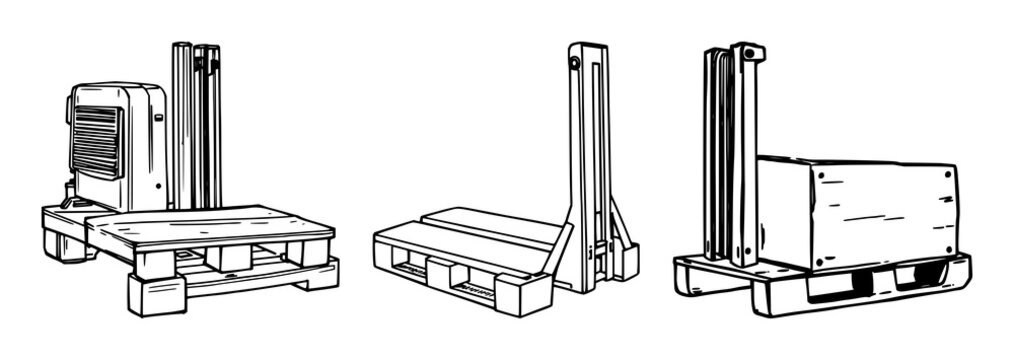 Pallet fork mechanism set with black line art on white background featuring fork, gear, hinge with mechanical and industrial design
