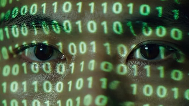 Cybersecurity workforce shortage concepts. Intense focused human eye viewing green digital binary code highlighting deep cybersecurity workforce shortage impacting modern global technology network