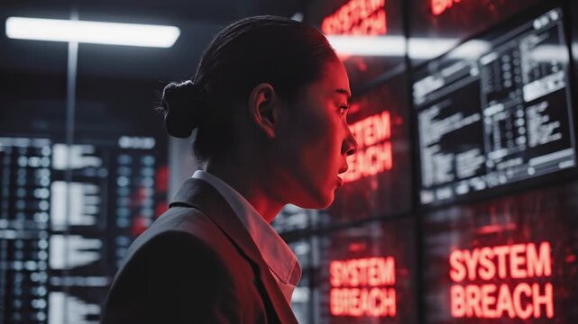 Cybersecurity workforce shortage concepts. Focused Asian female professional checking system breach alert on glowing red screen during severe cyber attack highlighting cybersecurity workforce shortage