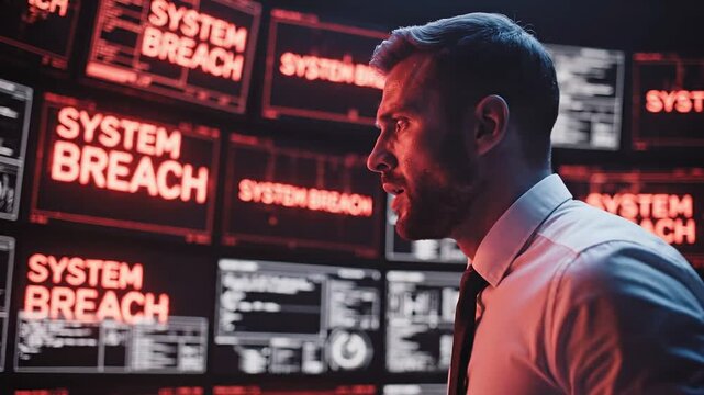 Cybersecurity workforce shortage concepts. Stressed professional man looking at glowing screen displaying massive system breach highlighting critical cybersecurity workforce shortage in technology
