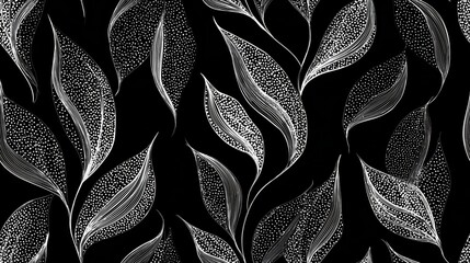 Fototapeta na wymiar White line art leaves creating seamless pattern black background. White line art leaves form a repeating botanical pattern on a black background