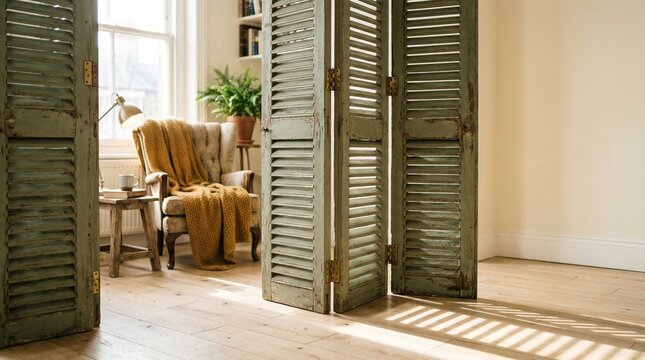 Stylish Shutter room divider upcycled from vintage window blinds in a bright sunlit interior for sustainable home decor and eco-friendly design