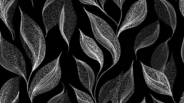 White line art leaves creating seamless pattern black background. White line art leaves form a repeating botanical pattern on a black background