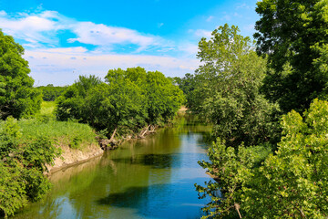 Fototapeta premium A calm river flows through dense green trees under a bright blue sky with sunlight reflecting on the water creating a peaceful vibrant natural landscape with outdoor beauty