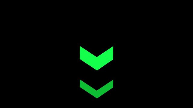 Two bright green chevron arrows pointing downwards against a solid black background representing a downward direction or decrease