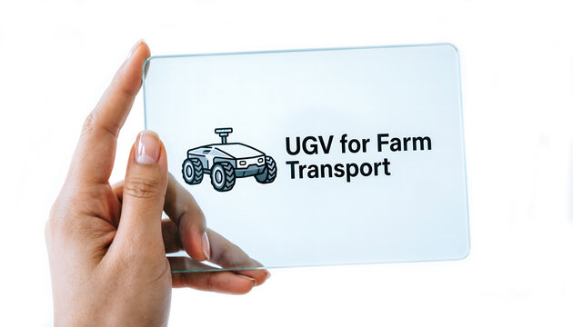 A hand holding a transparent glass tablet projecting a 3D Unmanned Ground Vehicle (UGV) icon for farm transport.