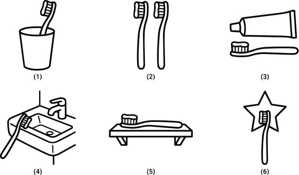 Black and white line art toothbrush with cup sink toothpaste and star wand icons