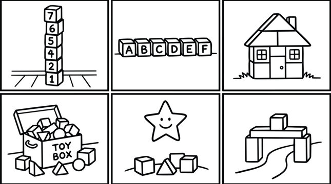 Numbered blocks stacked with alphabet blocks house and toy box