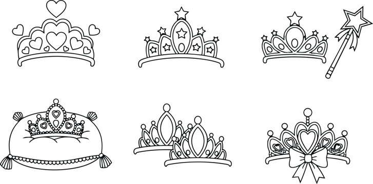 Black and white line art crowns and magic wand with heart and star details