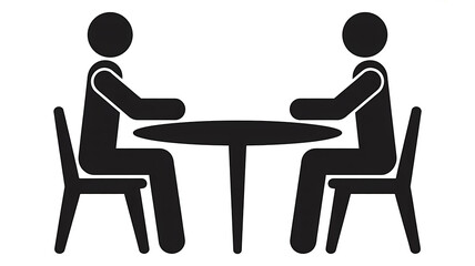Fototapeta premium Two people seated at a round table, engaged in a discussion or meeting, depicted in a minimalist iconographic style with clean lines and a simple aesthetic