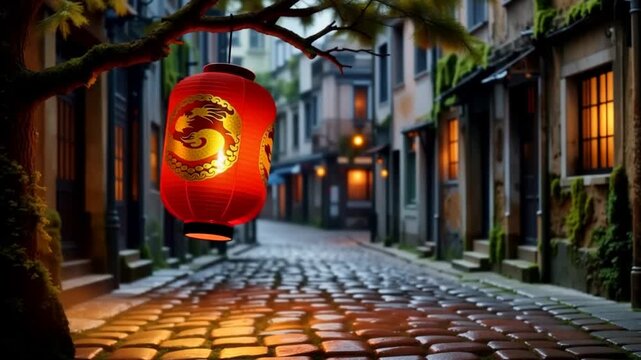 A serene and historic cobblestone alleyway illuminated by a vibrant red lantern