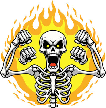 Aggressive flaming skeleton mascot vector, angry skull with four arms and clenched fists, burning fire background for gaming and apparel design