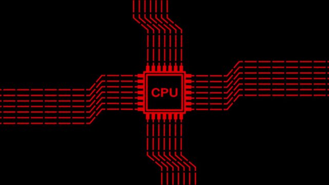 A central red CPU chip with radiating red circuit board lines on a black background symbolizing computer processing and data flow with a bold color scheme