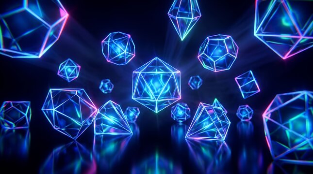 Futuristic glowing geometric shapes floating in dark space with neon lights