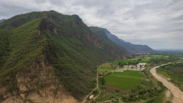Aerial view of La Leche River winding through green valley with rice fields and mountains in Lambayeque Peru