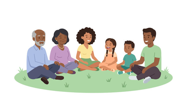 Happy Multi-generational African American Family Sitting Together in a Circle on the Grass - Flat Vector Illustration of Three Generations