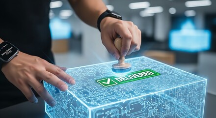 Naklejka premium Delivery confirmation concept. A logistics specialist's hands place a 'Delivered' stamp with a green checkmark on a holographic package.