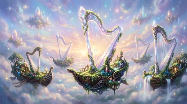 Surreal floating harp islands in a dreamlike cloudy sky with glowing stars