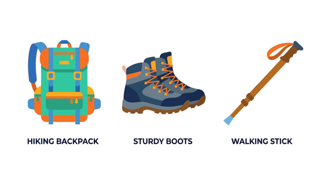 Essential Hiking Gear Set Vector Illustration: Backpack, Sturdy Boots, and Walking Stick Icons for Outdoor Adventure and Trekking