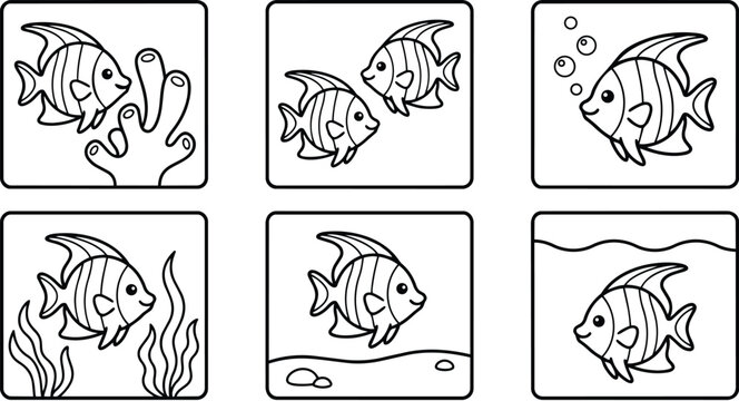 Striped angelfish with underwater coral seaweed and bubbles