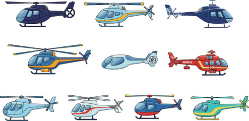 Set of helicopter illustrations in different styles and colors, aviation aircraft collection including rescue and transport choppers for transport, emergency, and aviation design © Abul