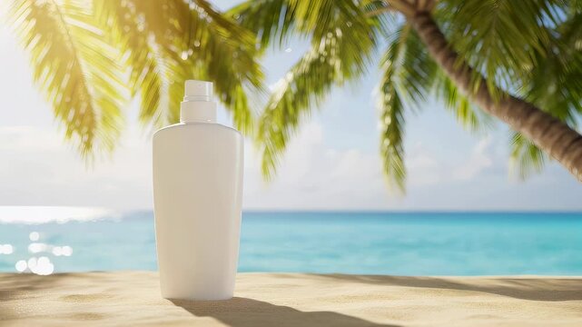 White sunscreen bottle on tropical beach sand under palm tree. Summer skincare product for UV protection near clear blue ocean. Cosmetic item for sun block.
