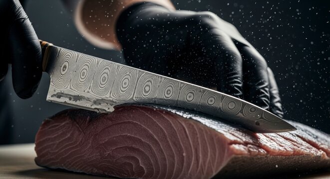 Chef cutting raw salmon fillet.