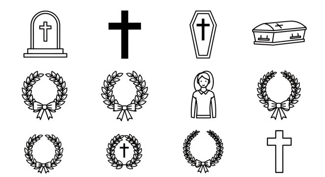 Collection of graves, crosses, wreaths, and coffins at a cemetery showing funeral ritual elements.