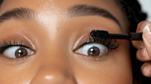 Woman applying mascara to her eyelashes with a brush. Close up view of facial makeup routine for enhancing eyes. Cosmetic product demonstration for beauty care.