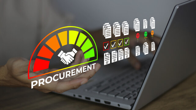 Procurement management concept showcasing digital supplier performance tracking, document auditing, and vendor assessment tools to enhance corporate supply chain efficiency and risk control