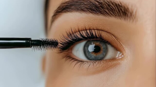 Woman applying mascara to her eyelashes with brush. Cosmetic procedure for eye makeup. Beauty routine for enhancing lash volume and length for everyday look.