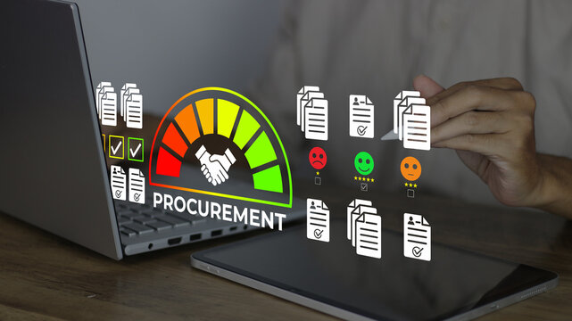 Procurement management concept visualizing digital supplier evaluation, performance tracking, and strategic sourcing via a modern dashboard interface for efficient corporate purchasing workflows