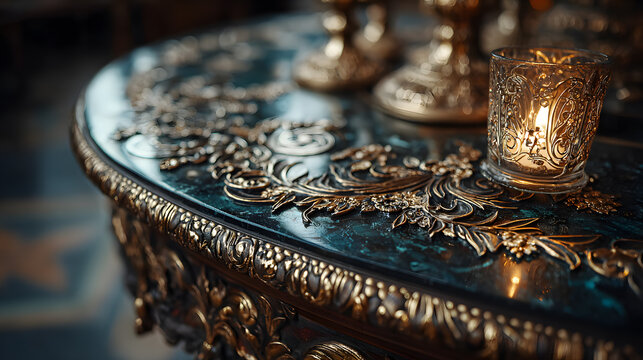 Human eye view of ancient Indian temple jewelry including Kundan Polki pieces arranged on traditional silk cloth with detailed carvings and ambient temple lighting