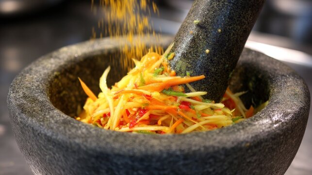 Fresh Vegetables and Spices in Thai Mortar Preparing for Cooking