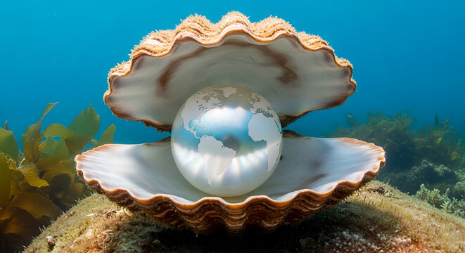 Giant clam shell cradling an Earth globe pearl underwater, environmental conservation concept, precious world treasure, Earth Day symbol, surreal global protection imagery.