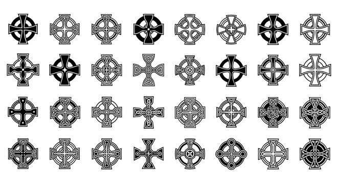 Collection of black and white circular emblem designs featuring geometric symbols.