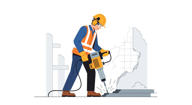 Construction Worker Using Pneumatic Jackhammer for Concrete Demolition Vector Illustration. Industrial Professional in Safety Gear Working on Infrastructure Project.