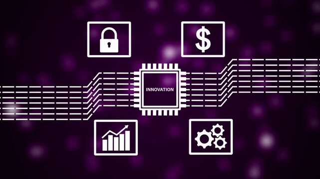 Innovation central processing unit with connected for security finance growth and mechanics set against a vibrant purple blurred background with glowing bokeh lights Keywords: innovation, central