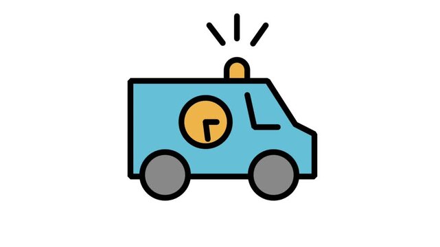 Animated ambulance with clock icon representing emergency response time, rapid medical service, and urgent transport.