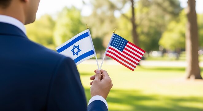 Man holding Israeli and American flags.