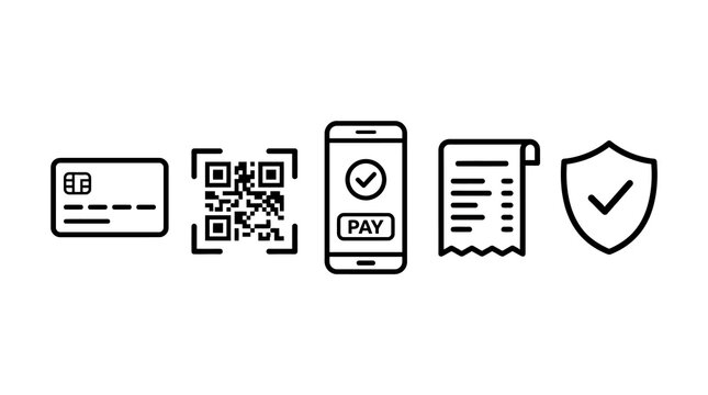 Mobile payment icons including credit card, QR code, smartphone with pay button, receipt, and shield with checkmark for secure transactions