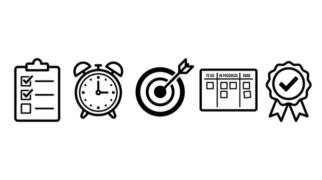 Checklist, clock, target, to-do list, and certificate icons for task management and goal setting