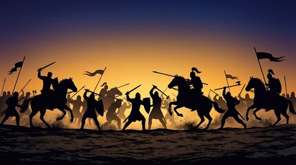 Fototapeta premium Epic medieval battle scene with knights on horseback and soldiers with flags at sunset
