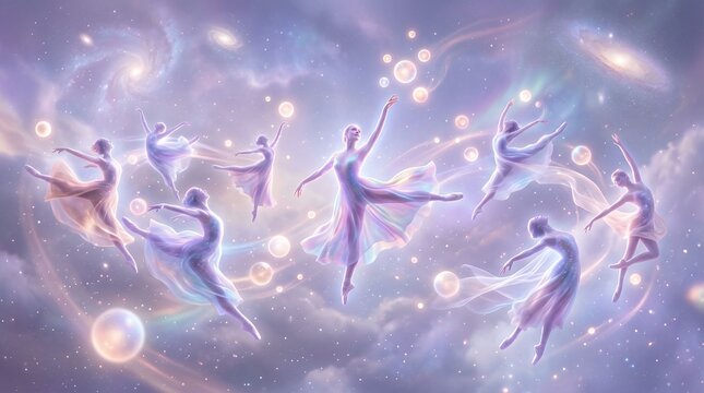 Ethereal ballet dancers gracefully performing in a cosmic celestial scene with glowing orbs