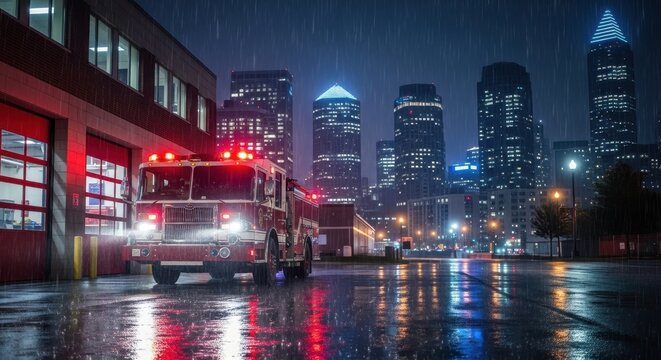 Fire truck with flashing lights parked outside a fire station at night, with a city skyline in the background and wet reflections on the ground.